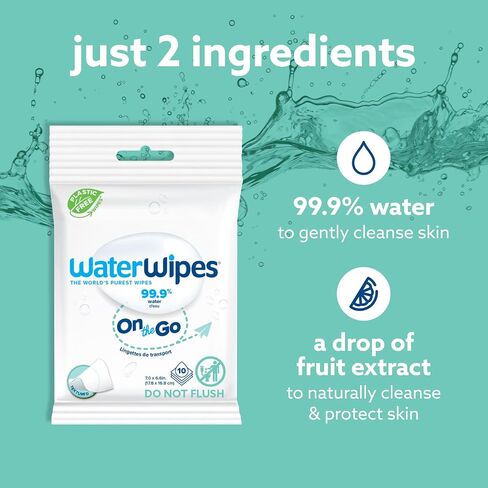 WaterWipes On The Go Wipes, 99.9% Water-Based Wipes for Travel, Sports, and to Refresh Skin, Unscented & Hypoallergenic, 28 Count (1 Pack) in Saudi Arabia