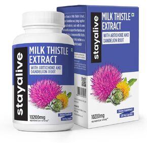 StayAlive Milk Thistle Liver Detox 10200mg، 30:1 مستخلص فائق مع جذر الهندباء والخرشوف للكبد، 80% مسحوق مركب سيليمارين، 120 حبة، مكمل شوك الحليب غير معدل وراثيًا وخالي من الغلوتين