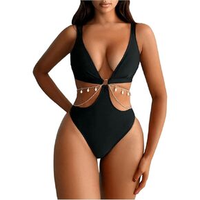 OYOANGLE Women's One Piece Swimsuit Ring Linked Cut Out Bathing Suit High Cut Swimwear
