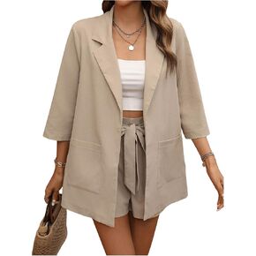 Verdusa Women's 2 Pieces Outfits 3/4 Sleeve Blazer and Belted Shorts Suit Set