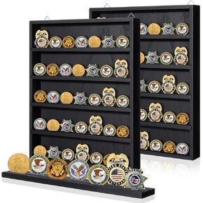 2 Pcs Military Challenge Coin Display Case 13.78''x11''x1.57'' Wooden Coin Stand Poker Chips Display Holder Cabinet Shadow Box with Removable Shelves for Coin Poker Tabletop Wall Mountable