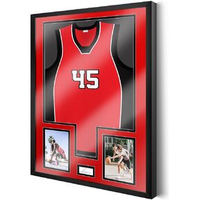 Juexica 32 x 24 Inch Jersey Frame Display Case Tempered Glass Wooden Wall Mounted Jersey Shadow Box for Baseball Basketball Football Soccer Hockey Sport Shirt Plus Displaying Two Photos One Signature in Kuwait