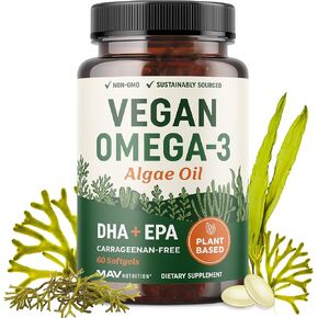 Vegan Omega 3 Algae Oil | Plant Based DHA EPA | Sustainably Sourced, No Carrageenan, Non GMO | Heart, Brain, Eye & Joint Health | Fish Oil Alternative | Algae Oil Omega 3 Supplement | 60 Softgels