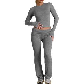 BORIFLORS Women's Workout 2 Piece Lounge Sets Long Sleeve Tops Foldover Flare Pants Casual Outfits Tracksuit