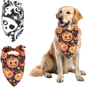 2pcs Halloween Dog Bandannas, 25.6x17.7 Inch Triangle Dog Bandanas Adjustable Dog Neckerchief for Small Medium Large Dog Halloween Dog Costumes (Pumpkin, Skull)