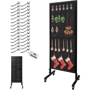 Royxen Metal Pegboard 2 x 5 Feet with 30 Hooks, Pegboard Display with Wheels, Standing Pegboard Display (Black)
