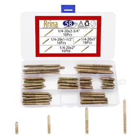 58Pcs 1/4-20" Hanger Bolts Studs Dowel Screw Double Ended Self-Tapping Threaded Assortment Set for Wood Joint Furniture Legs