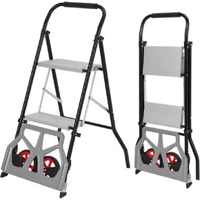 3 Step Ladder & Folding Hand Truck, 2 in 1 Aluminum Dolly Cart with Foldable Wheels, 220 LBS Capacity Hand Truck Dolly, Portable Step Stool with Wide Non-Slip Pedal for Household, Kitchen
