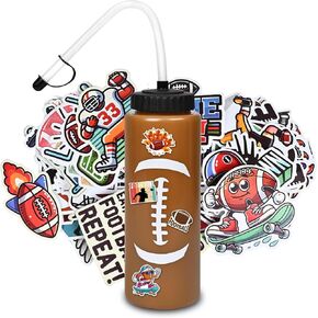 Football Water Bottle with Long Straw,1 Pack Squeeze Water Bottle with 100Pcs Stickers,Football Stuff Gifts for Men Boys 6-8 8-12 12-14(1L,BPA-Free)