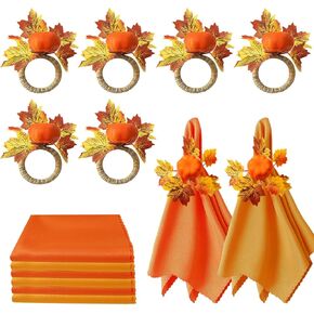 Fall Napkins Set, 6 PC Thanksgiving Napkin Rings and 6 PCS Fall Cloth Napkins for Thanksgiving Dinner Fall Banquet Wedding Gathering Table Decor Accessories