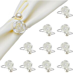 Napkin Rings,Silver Pearl Rose Napkin Holder Rings,Imitation Beaded White Napkin Rings for Formal Wedding Home Dinner Party Supplies-10Pcs