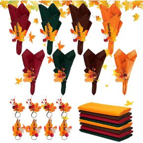 24 Pcs Fall Thanksgiving Napkin Ring Set,8 Pcs Fall Thanksgiving Cloth Napkins and 8 Pcs Pumpkin Napkin Ring Holders with Maple Leaf for Table Decor Fall Banquet, Holiday, Dinner Party (24)