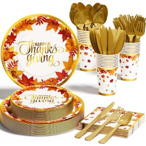 Qinline Thanksgiving Fall Party Supplies - 350 PCS Dinnerware Set with Autumn Maple Leaves Gold Paper Plates Napkins Cups Plastic Forks Knives Spoon for Harvest Celebrations