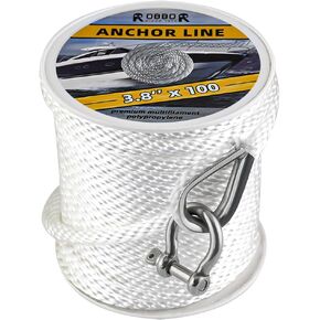 Anchor Rope 3/8 Inch 100FT Solid Braid MFP Anchor Line with Stainless Steel Thimble & Shackle, Heavy-Duty Marine Rope Ideal for Boats, Yachts, and Sailboats (3/8" x 100', White)