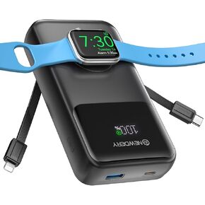 NEWDERY 20000mAh Portable Charger for Apple Watch, Power Bank Built-in Cables, PD 20W Fast Charging Travel Battery Pack with USB C Cable for All iWatch, iPhones, iPad, Samsung More Phones Tablets