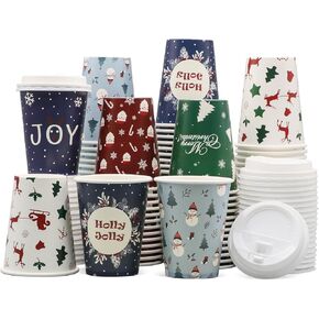 Christmas Cups, 60 Pack 16 Oz Christmas Disposable Coffee Cups with Lids, To Go Coffee Cups, 6 Designs Christmas Coffee Drinking Paper Cups for Hot Chocolate, Hot Cocoa, Xmas Dinner Party