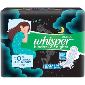 Whisper Bindazzz Night Sanitary Pads|Pack of 16 Thin Pads|XXL+|Upto 0% Leaks|60% Longer & Wider Back|Dry Top Sheet|Long Lasting Coverage|Faster Absorption|36 Cm Long|with Disposable Wrap