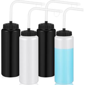 Domensi 4 Pack 1 Liter Sports Water Bottle W/Long Straw Hockey Lacrosse Water Bottle with Straw BPA Free Easy Squeeze Plastic Use W/Sport Helmet in Football Baseball Gym Yoga(Black, Translucent)