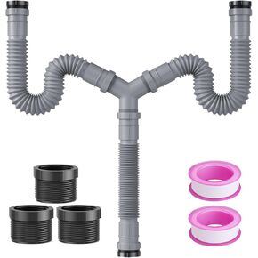 Double Sink Drain Kit - Flexible 1-1/2 & 1-1/4 P-Trap Plumbing Pipe for Kitchen & Bathroom - Expandable Gray Drain Assembly for Sink Bowl
