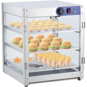 Commercial Food Warming Display Cabinet, 20" 3 Tier, 800 Watt Hot Dog Warmer with 3D Heating, Bottom Fan, Countertop Pastry Warmer, Temperature Knob/Indicator, Stainless Steel Framed Glass Door