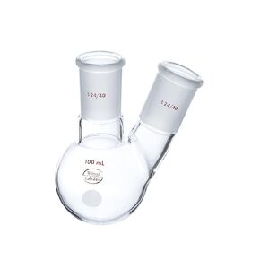 Wilmad-LabGlass LG-7291-222 Double Neck (Center Vertical & Side Angled) Round Bottom Flask, 100mL, Standard Taper 24/40 Center, Standard Taper 24/40 Side