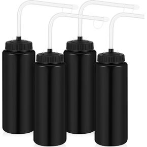 Domensi 4 Pack 1 Liter Sports Water Bottle W/Long Straw Hockey Lacrosse Water Bottle with Straw BPA Free Easy Squeeze Plastic Use W/Sport Helmet in Football Baseball Gym Yoga(Black, Translucent)