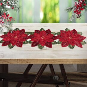 OWENIE Christmas Placemats Set of 4, Poinsettia Table Mats with Embroidered and Applique Velvet Fabric, 16 Inch x 16 Inch Diecut Placemat for XMAS Holiday Tabletop, Round Doilies for Dining Table, Red