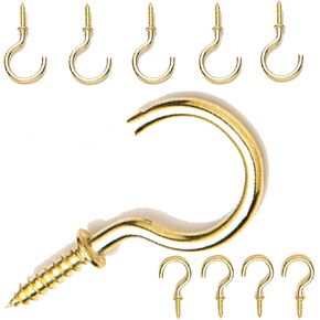 Cup Hooks for Hanging, 20 Pack 1 inch Metal Screw in Ceiling Hooks Heavy Duty Brass Plated Hooks Holders for Outdoor Indoor Gold
