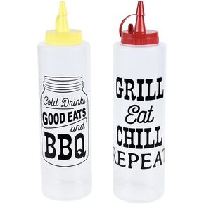 iOS 2pcs BBQ Grill Condiment Plastic Clear Squeeze Bottle. Squirt Twist on Red/Yellow Pop Up Cap Lid .Perfect for Condiments,Sauces,Dressing,Oil Bundle with iOS TUWALYA