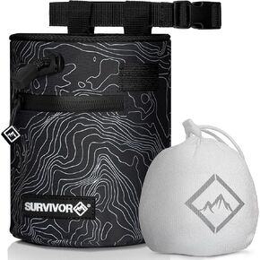 Chalk Bag + 3.5 OZ Chunky Chalk - Iconic Topographical Map, Draw String Closure, 2 Zippered Pockets, & Brush Holder - Climbing Chalk Bag for Rock Climbing, Bouldering, Weightlifting, Gymnastics & More