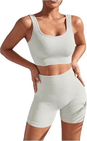 SOLY HUX Women's Workout Outfits Ribbed High Waist Leggings with Sports Bra Tank Tops 2 Piece Tracksuits in Kuwait