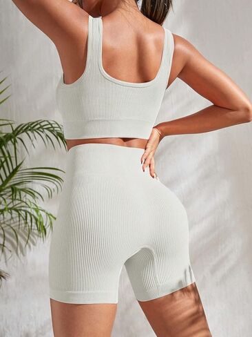 SOLY HUX Women's Workout Outfits Ribbed High Waist Leggings with Sports Bra Tank Tops 2 Piece Tracksuits in Kuwait