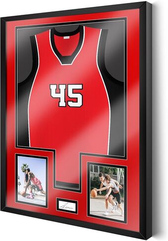 Juexica 32 x 24 Inch Jersey Frame Display Case Tempered Glass Wooden Wall Mounted Jersey Shadow Box for Baseball Basketball Football Soccer Hockey Sport Shirt Plus Displaying Two Photos One Signature in Kuwait