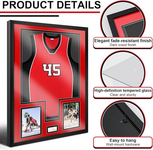 Juexica 32 x 24 Inch Jersey Frame Display Case Tempered Glass Wooden Wall Mounted Jersey Shadow Box for Baseball Basketball Football Soccer Hockey Sport Shirt Plus Displaying Two Photos One Signature in Kuwait