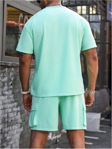 Men's Plus Size 2 Piece Outfits Short Sleeve Drop Shoulder Tee Top and Flap Pocket Shorts Set in Saudi Arabia