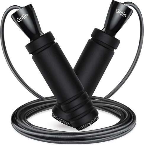 Gritin Skipping Rope, Speed Jump Rope Non-Slip Memory Foam Handle Tangle-free Adjustable Rope with Rapid Ball Bearings Fitness Workouts Fat Burning Exercises for Adults-black in Saudi Arabia