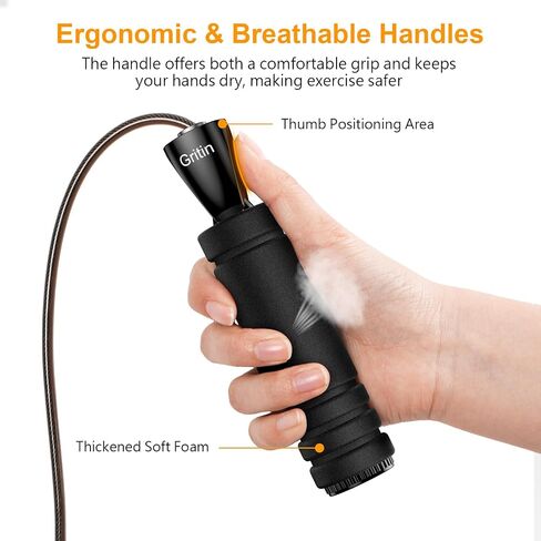 Gritin Skipping Rope, Speed Jump Rope Non-Slip Memory Foam Handle Tangle-free Adjustable Rope with Rapid Ball Bearings Fitness Workouts Fat Burning Exercises for Adults-black in Saudi Arabia