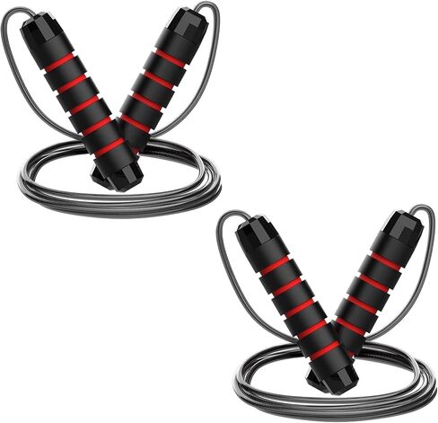 No-Knot Fast Jump Rope with Ball Bearings, Adjustable Speed Jump Rope for Men/Women, Weighted Jump Rope with Foam Handles Ideal for Fitness, Home, School, Gym Workouts, Black with red stripes - 2 Pack in Saudi Arabia