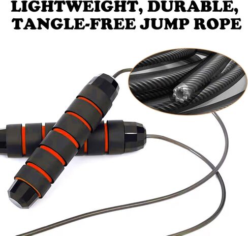 No-Knot Fast Jump Rope with Ball Bearings, Adjustable Speed Jump Rope for Men/Women, Weighted Jump Rope with Foam Handles Ideal for Fitness, Home, School, Gym Workouts, Black with red stripes - 2 Pack in Saudi Arabia