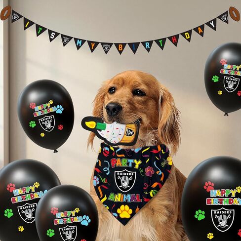 مجموعة حفلات عيد ميلاد الكلاب من NFL LAS Vegas Raiders مكونة من 9 قطع مع 1 باندانا كرة قدم كبيرة/كبيرة جدًا، 1 لافتة، 1 لعبة كعكة عيد ميلاد و6 بالونات عيد ميلاد، مجموعة عيد ميلاد للكلاب، زي، إكسسوارات مرحة للكلاب in Saudi Arabia