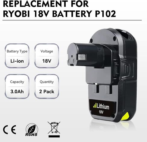 Masione P102 استبدال بطارية Ryobi 18V ليثيوم أيون 3.0 Ah بطارية P108 P102 P103 P104 P105 P107 P109 P122 (2-Pack) in Saudi Arabia