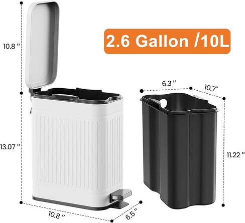سلة مهملات الحمام من TrashAid مع غطاء، سلة قمامة صغيرة سعة 2.6 جالون، إغلاق ناعم، سلة نفايات من الفولاذ المقاوم للصدأ للحمام، غرفة النوم، المكتب المنزلي، غرفة الغسيل، المرحاض، RV، أبيض، 10 لتر in Kuwait