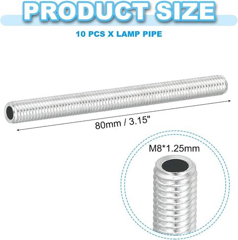 PATIKIL M8 Thread Carbon Steel Lamp Pipe, 10 Set 80 mm/3.15" Hollow Tube Thread Adapter Fasteners Hardware for Lamp Lights Chandelier Ceiling Light DIY, White Zinc Plating in Saudi Arabia