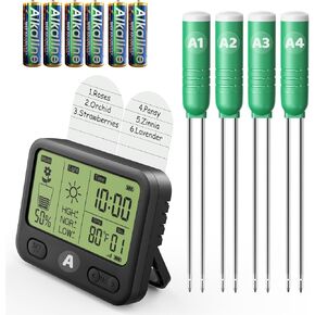 VODESON 4in1 Plant Soil Moisture Meter with 230ft RF Wireless Includes Battery-Waterproof & LCD Display for Moisture,Temp,Sunlight,Time,Ideal for Garden,Lawn Care-Outdoor Plant (4 Sensors)