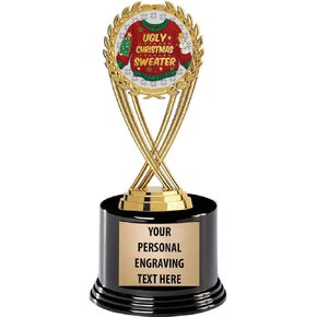 Crown Awards Ugly Christmas Sweater Trophies with Custom Engraving, 7.25" Personalized Ugliest Christmas Sweater Contest Trophy On Deluxe Round Base Prime