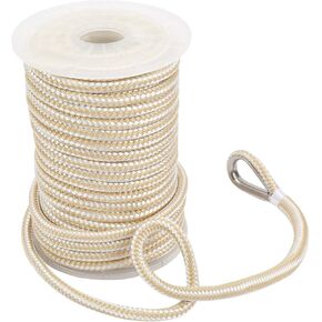 NovelBee 3/8 Inch X 50 Feet Double Braid Nylon Anchor Line with Stainless Steel Thimble and Plastic Chuck (White/Gold)