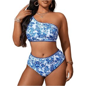 SOLY HUX Women's Plus Size Swimsuit Floral Print One Shoulder Bikini Sets Two Piece Bathing Suit
