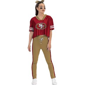 MODERN HERO NFL Officially Licensed San Francisco 49ers Adult Dazzle Skimmer Shirt, Lace-Up Detail Leggings, Bandana Headband and Eyeblack Sticker Set, Size X-Small