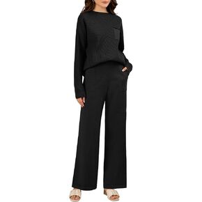 Meetjen Women's 2 Piece Outfits Sweater Sets Long Sleeve Knit Pullover and Wide Leg Pants Matching Lounge Set Tracksuit