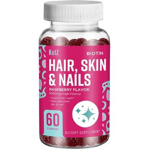 KelZ Biotin Hair, Skin & Nails Supplement Gummies, Raspberry Flavor, 60 Count (Pack of 1)
